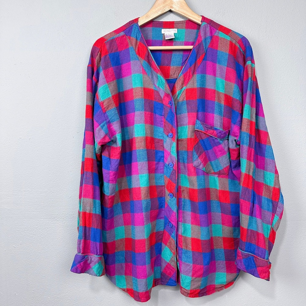 Vintage Plaid Button Up Shirt Sz L Multicolor 100% Cotton Boxy Fit Preppy Retro